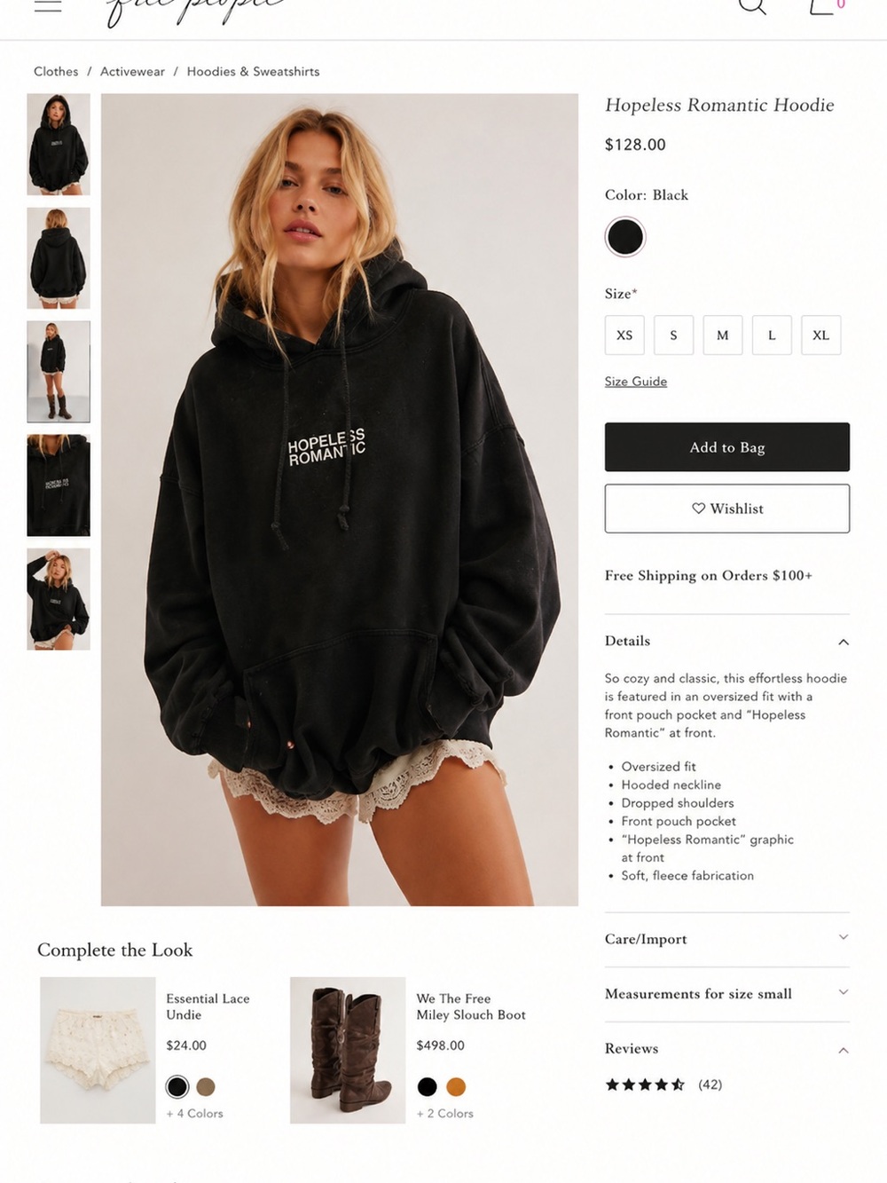 Free People Black 'Hopeless Romantic' Oversized Hoodie